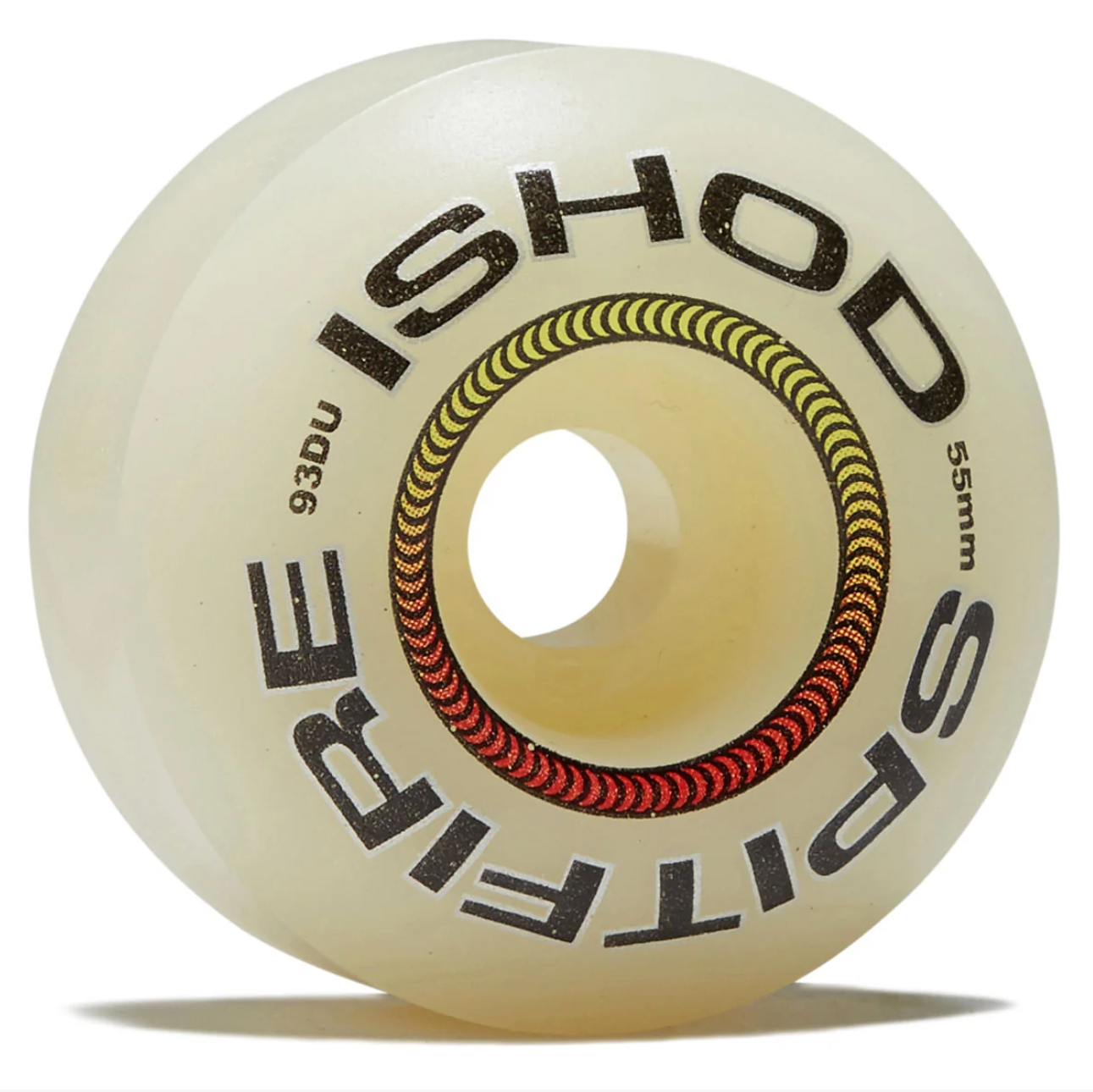 A single Spitfire Ishod 93du 59mm skateboard wheel, featuring a translucent cream-colored urethane body with black text and a red and yellow center ring, shown on a white background with a soft shadow.