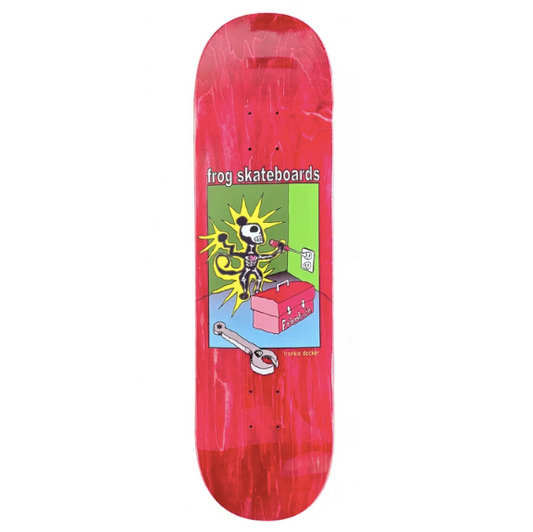 A red skateboard deck with a colorful graphic in the center featuring a cartoon character and the text 'frog skateboards' 