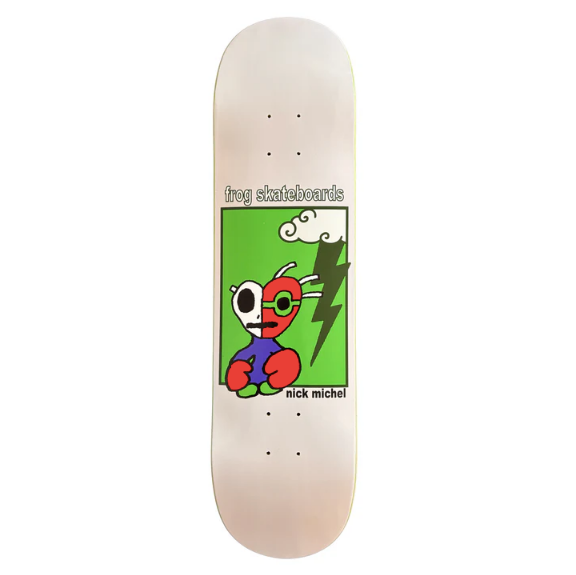 A single skateboard deck has a cream-colored wood finish with a large graphic in the center featuring a cartoon character and the text 'frog skateboards' and 'nick michel'.