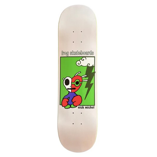 A single skateboard deck has a cream-colored wood finish with a large graphic in the center featuring a cartoon character and the text 'frog skateboards' and 'nick michel'.