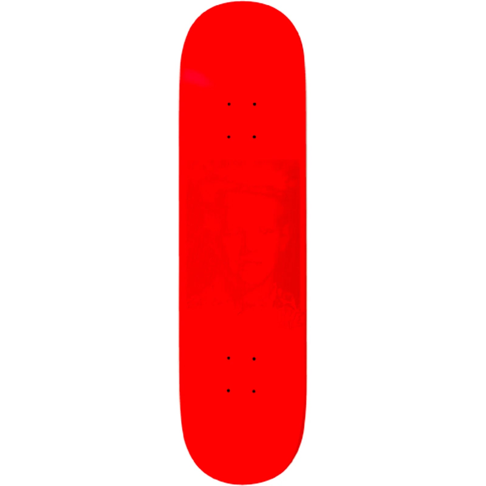 A bright red skateboard deck shown vertically against a plain white background.