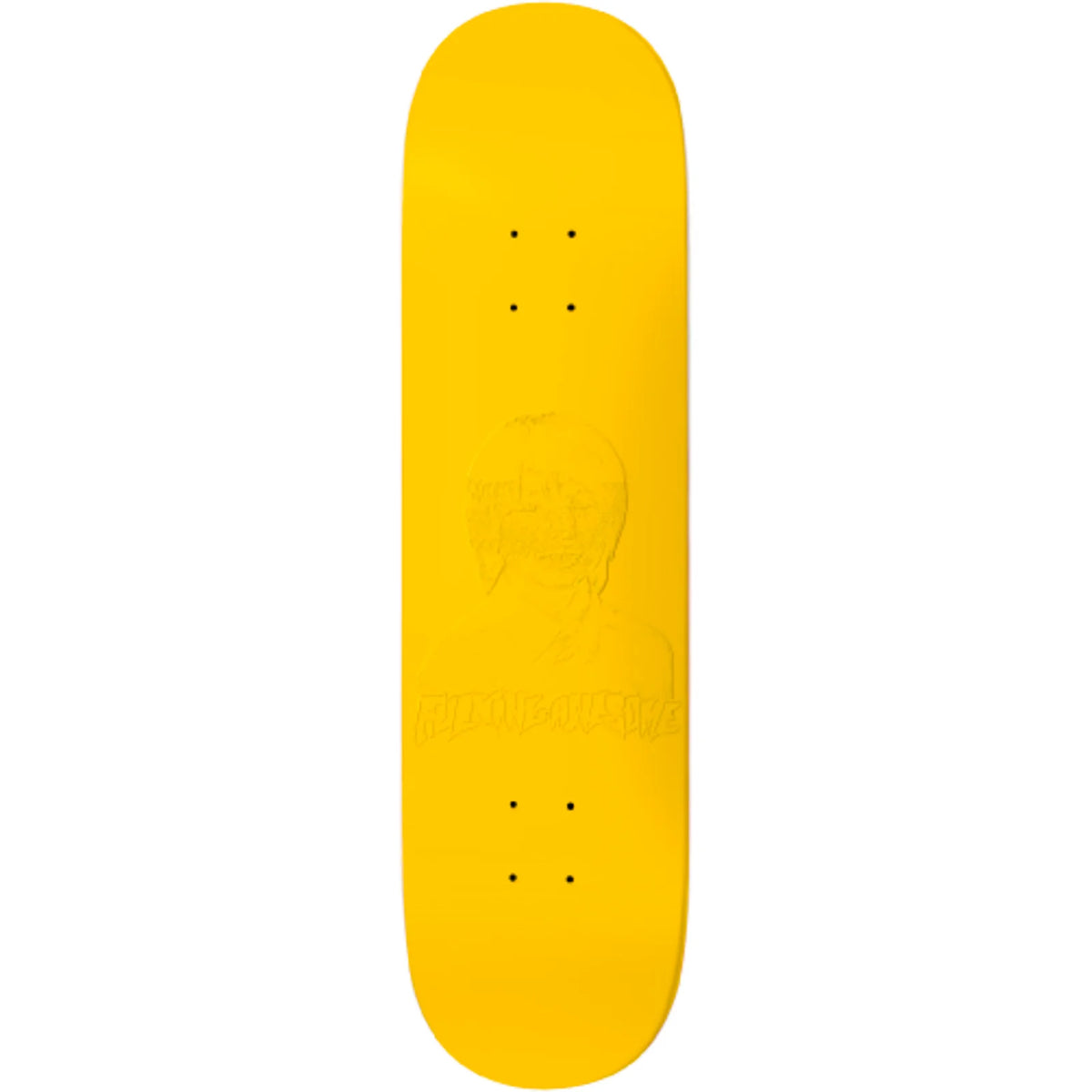A bright yellow skateboard deck shown vertically against a plain white background, featuring a subtle embossed graphic and visible truck mounting holes.