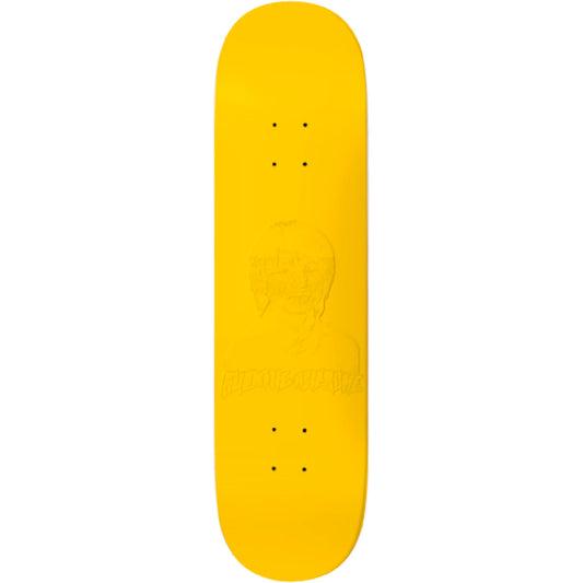 A bright yellow skateboard deck shown vertically against a plain white background, featuring a subtle embossed graphic and visible truck mounting holes.