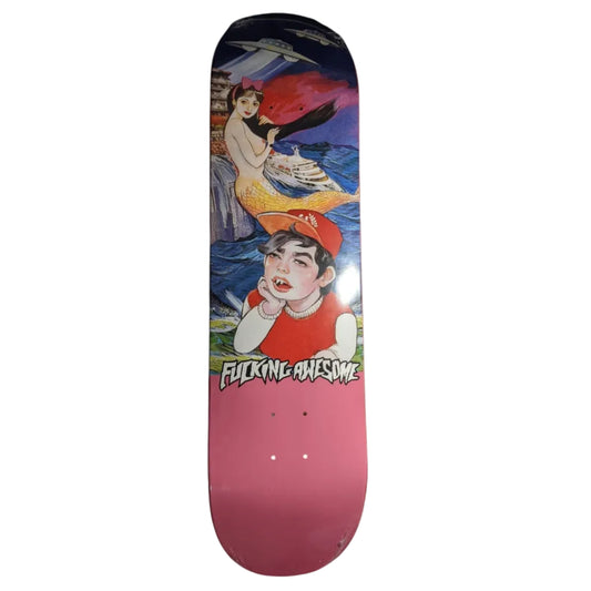 Skateboard deck with artistic design and 'F***ing Awesome' text on a white background