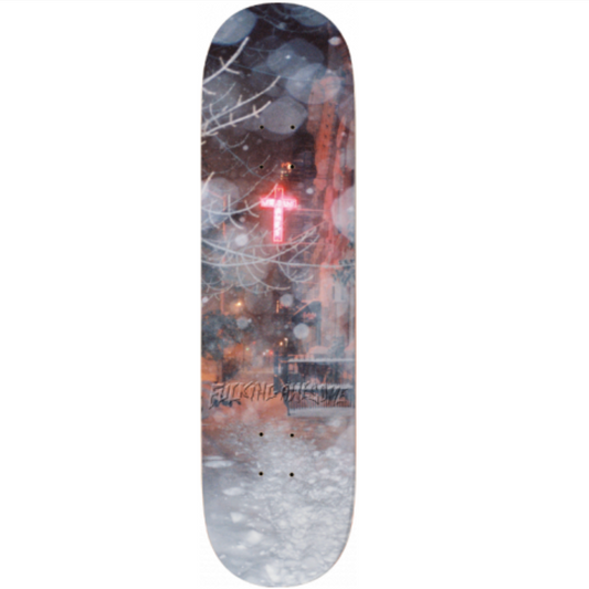 Skateboard deck with winter scene design on a white background