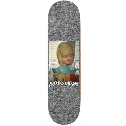 Skateboard deck with a graphic design of a child and text on a white background