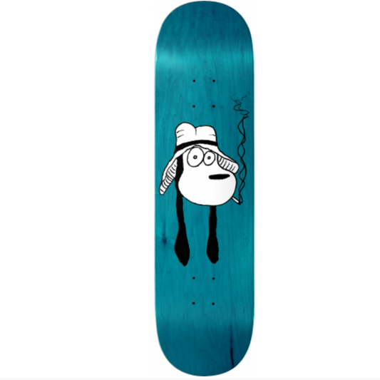 Skateboard deck with a cartoon character design on a white background