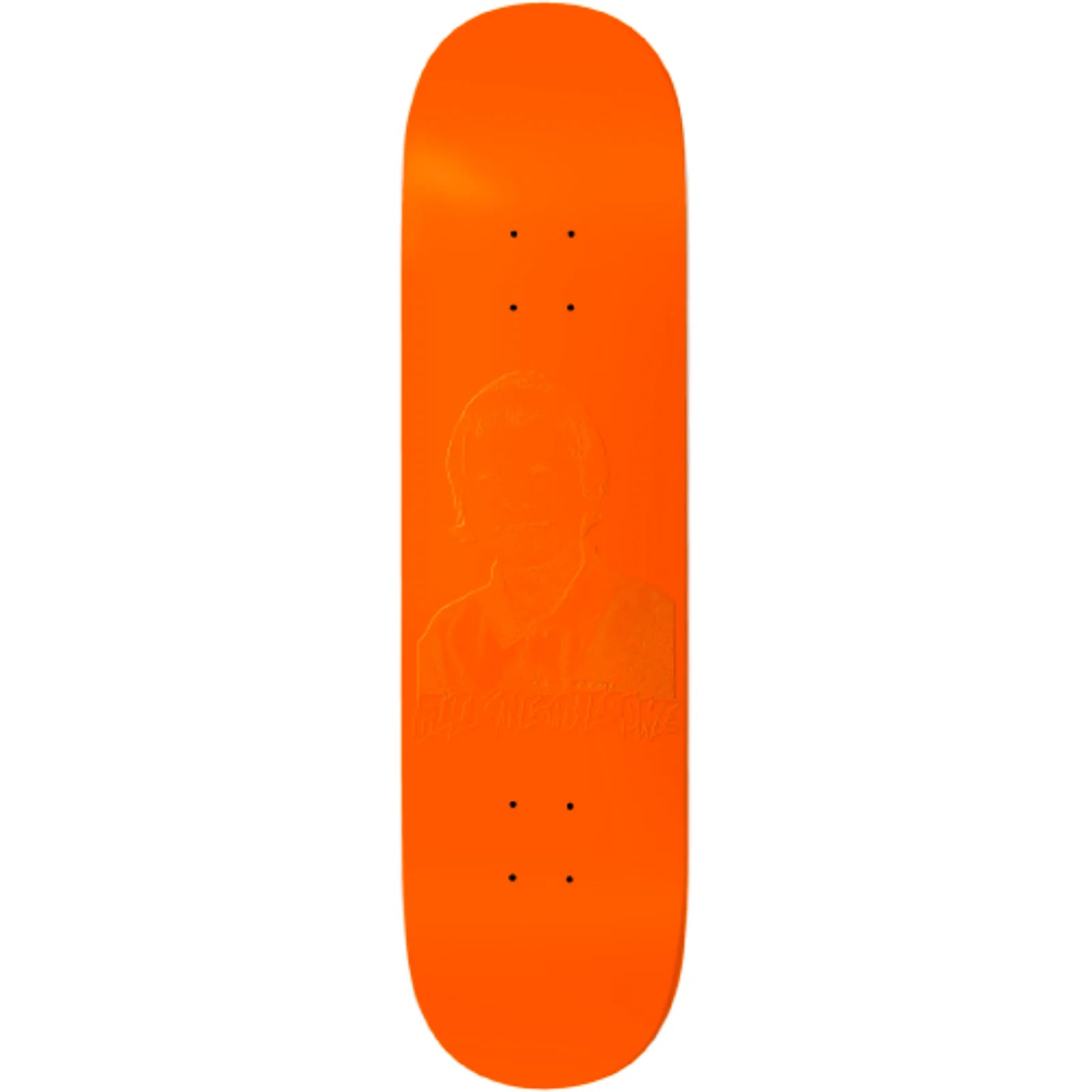 A bright orange skateboard deck shown vertically against a plain white background.