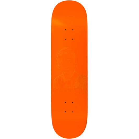 A bright orange skateboard deck shown vertically against a plain white background.