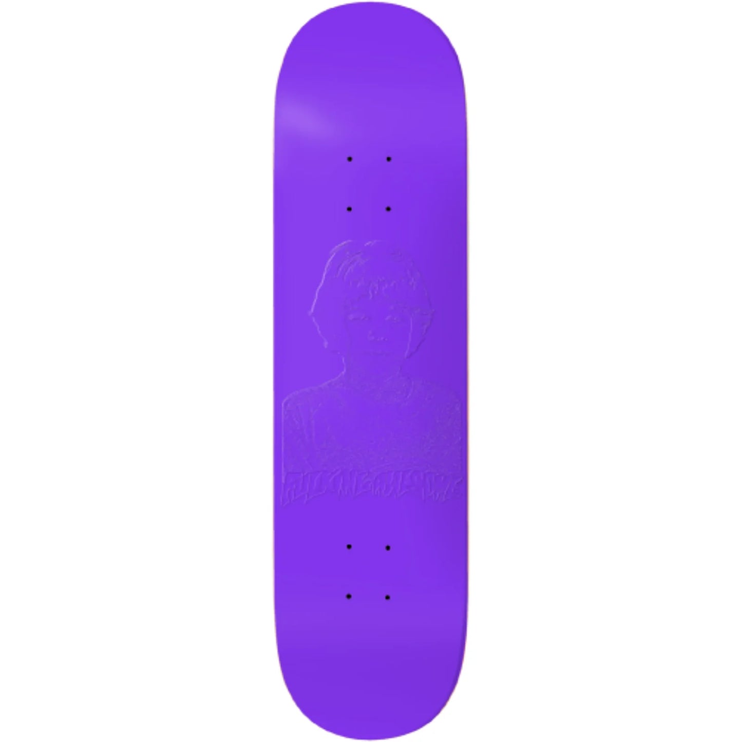 A purple skateboard deck shown vertically against a plain white background, featuring an embossed graphic of a person's face and the text 'KOREA NINJA' near the bottom.