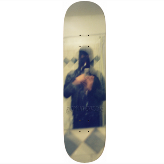 Skateboard with a reflection of a person holding a guitar on a white background