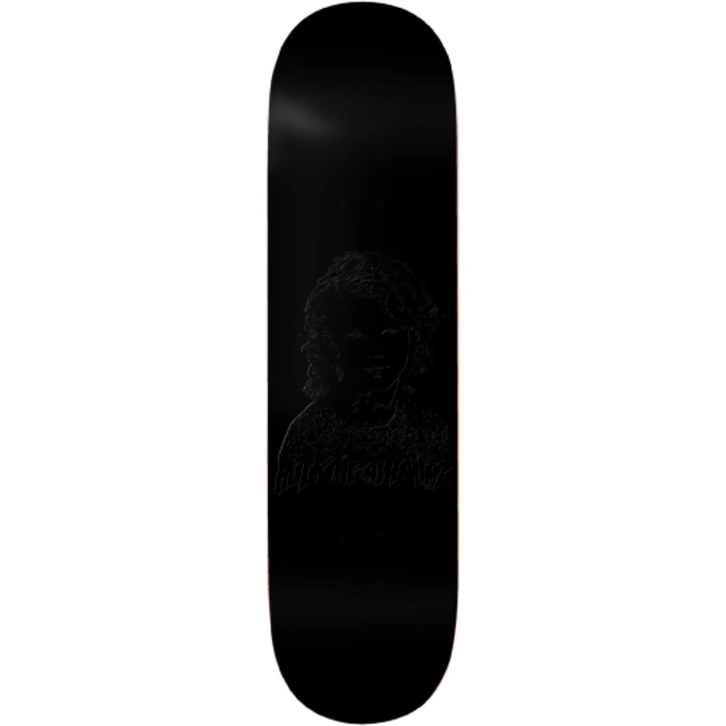 A black skateboard deck with a subtle, low-contrast dark graphic of a person's face and the word 'BURNOUT' printed on the underside, shown against a plain white background.