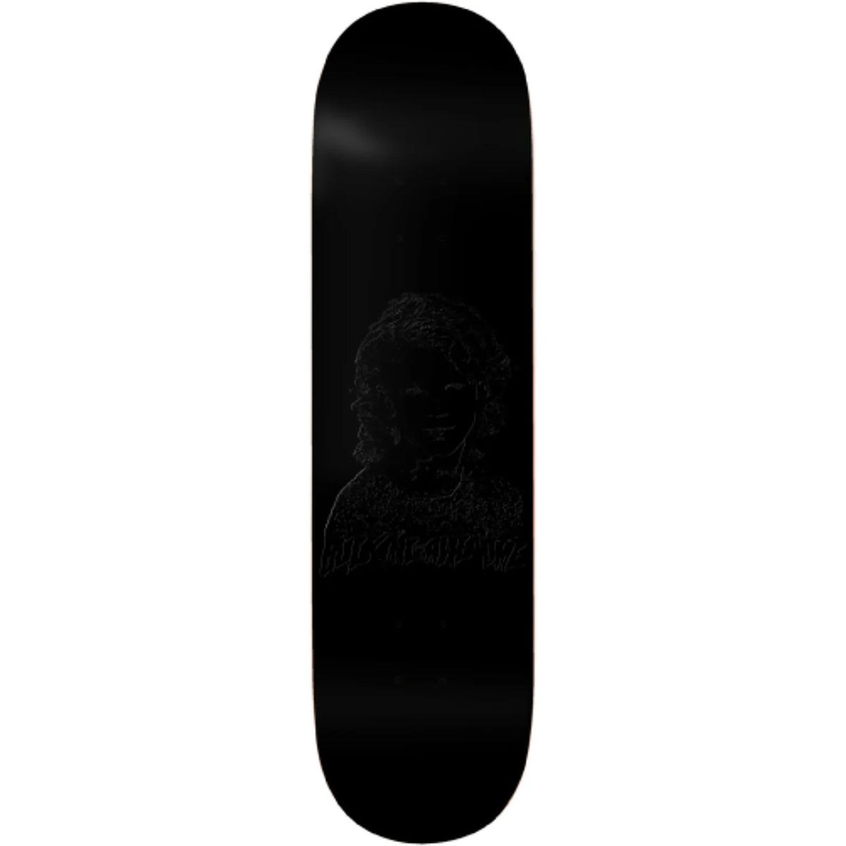 A black skateboard deck with a subtle, low-contrast dark graphic of a person's face and the word 'BURNOUT' printed on the underside, shown against a plain white background.