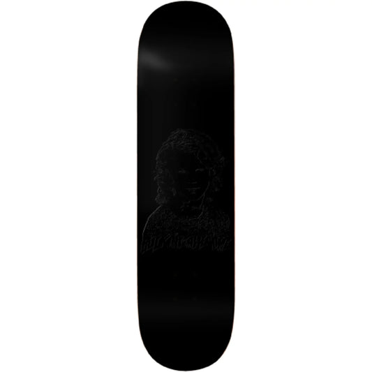 A black skateboard deck with a subtle, low-contrast dark graphic of a person's face and the word 'BURNOUT' printed on the underside, shown against a plain white background.