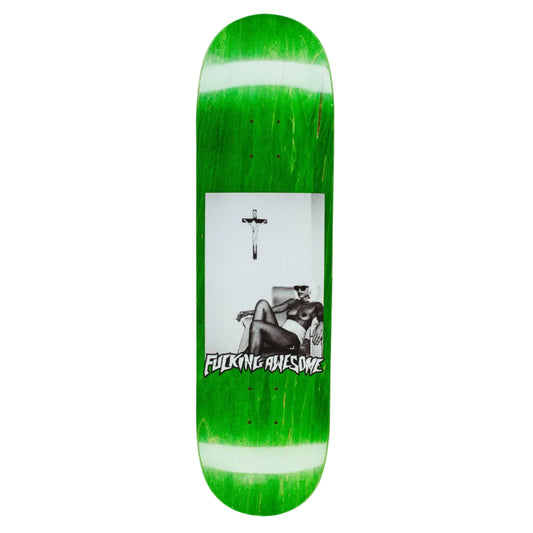 Green skateboard deck with graphic design on a white background