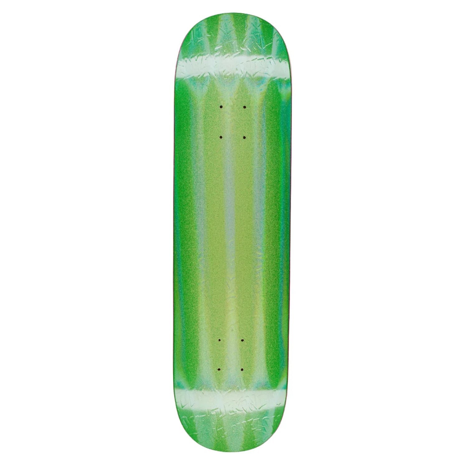 A skateboard deck with a vibrant green and white vertical stripe pattern, shown flat against a solid white background.