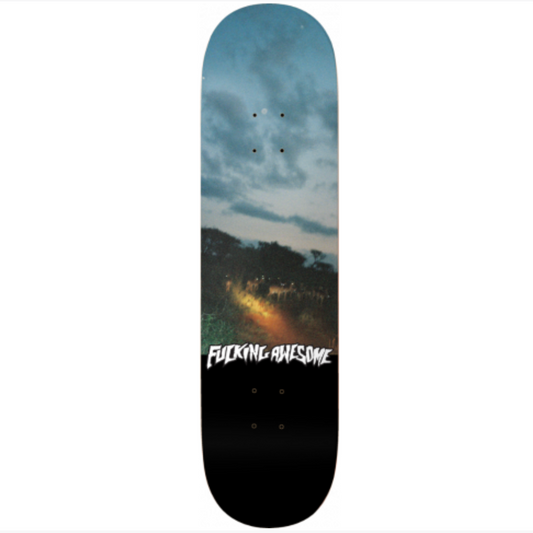 Skateboard deck with a scenic design and 'Fucking Awesome' text on a white background
