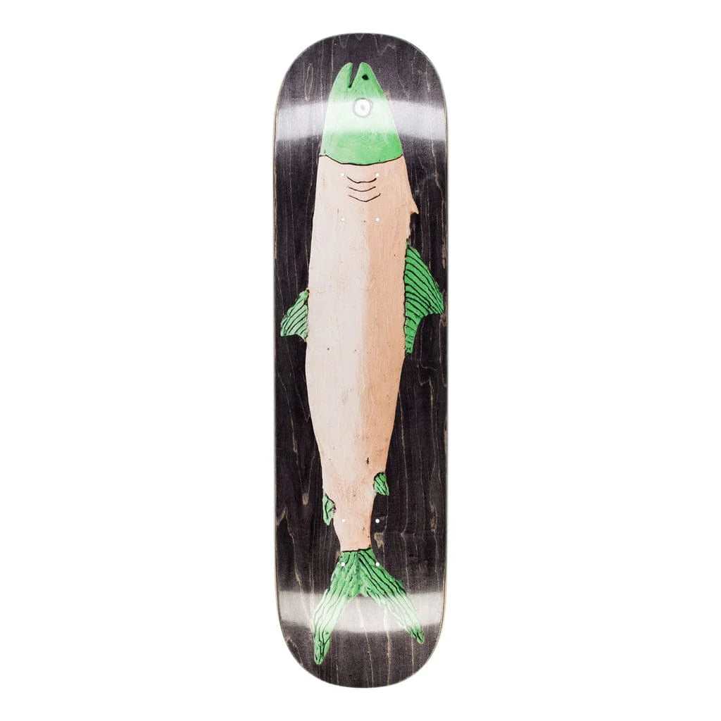 Skateboard deck with a fish design on a white background