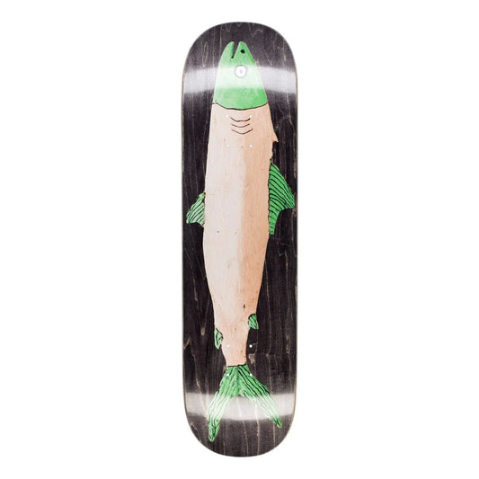 Skateboard deck with a fish design on a white background