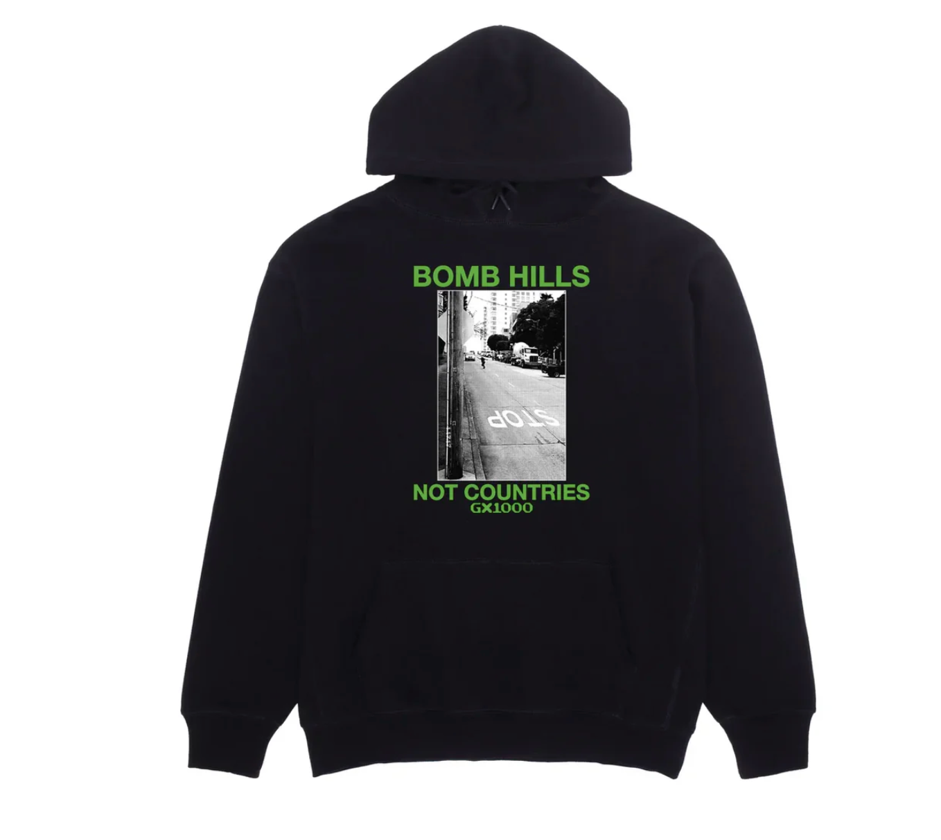 Black hoodie with graphic design and text on a white background