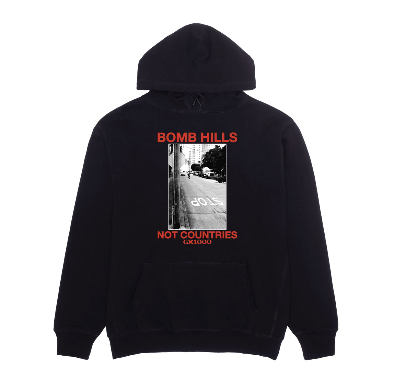Black hoodie with graphic design and text on a white background