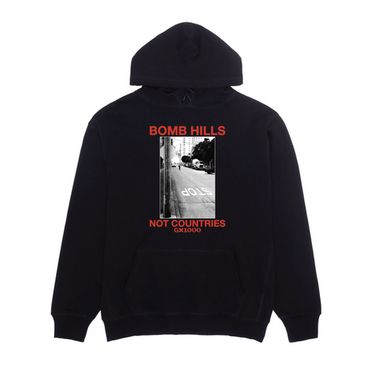 Black hoodie with graphic design and text on a white background