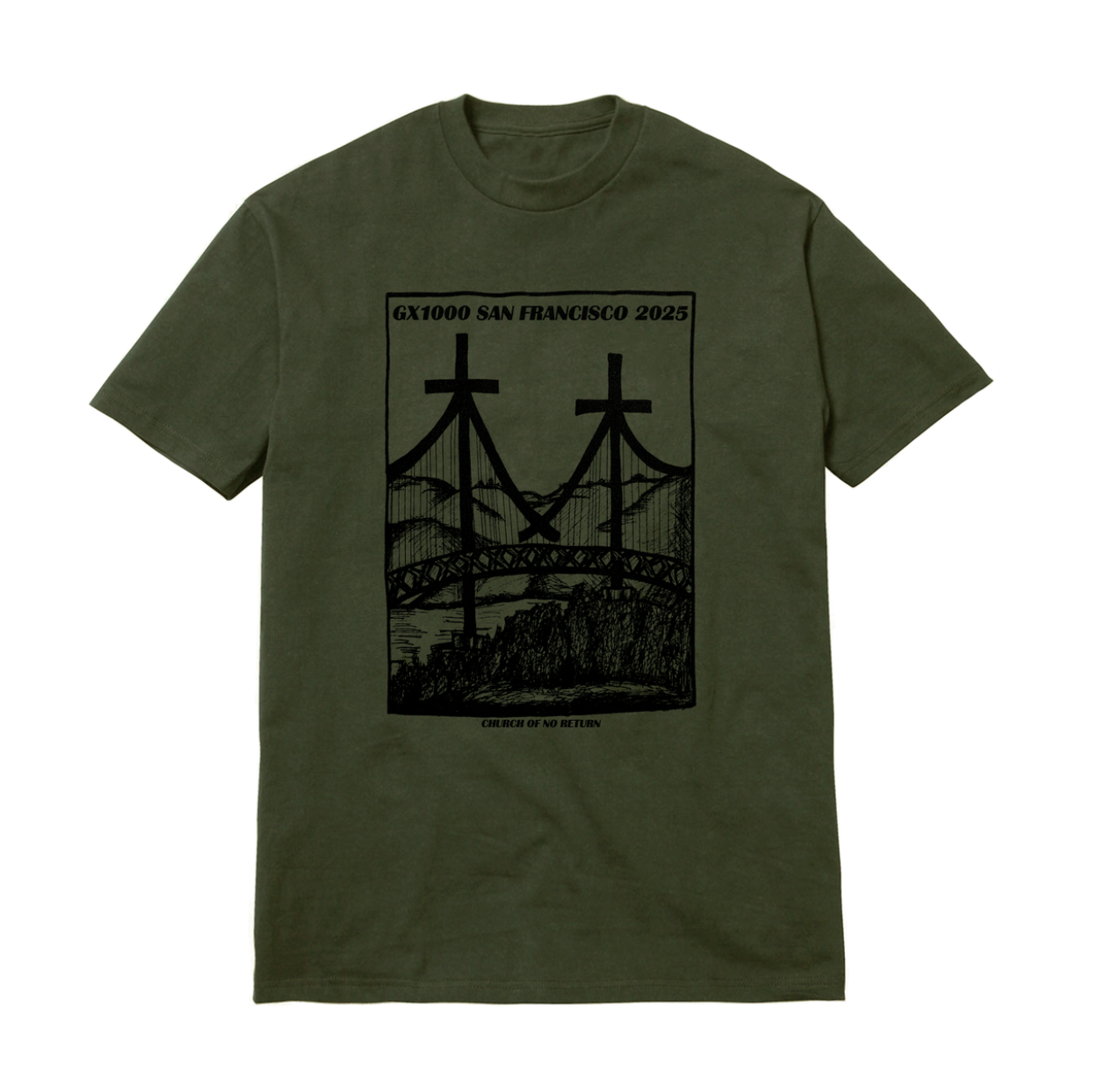 Green t-shirt with black graphic design on a white background