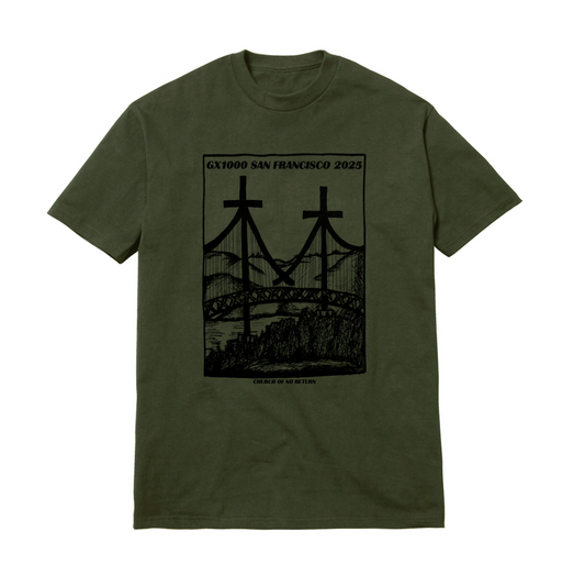 Green t-shirt with black graphic design on a white background