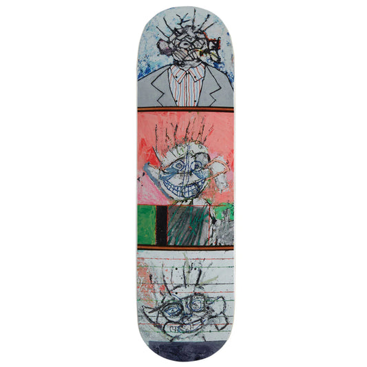 Skateboard deck with artistic design on a white background