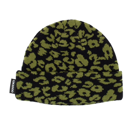 Green leopard print beanie on a white background