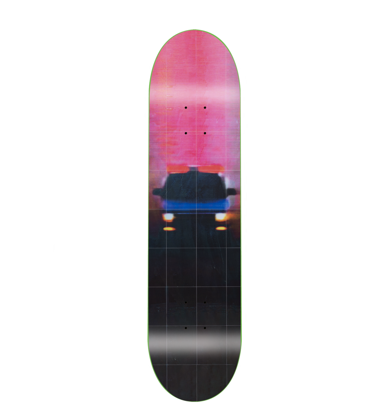 Skateboard deck with a colorful design on a white background