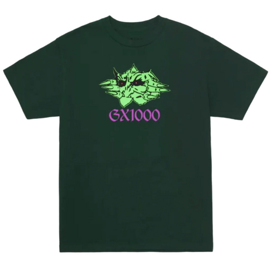 Green t-shirt with green and purple graphic design on a white background