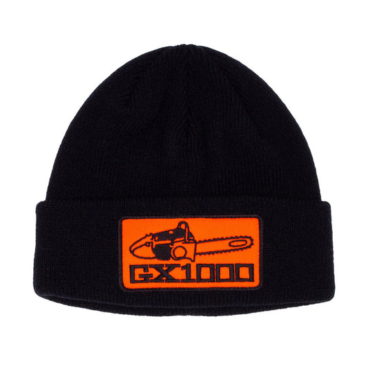 Black beanie with orange chainsaw logo on a white background