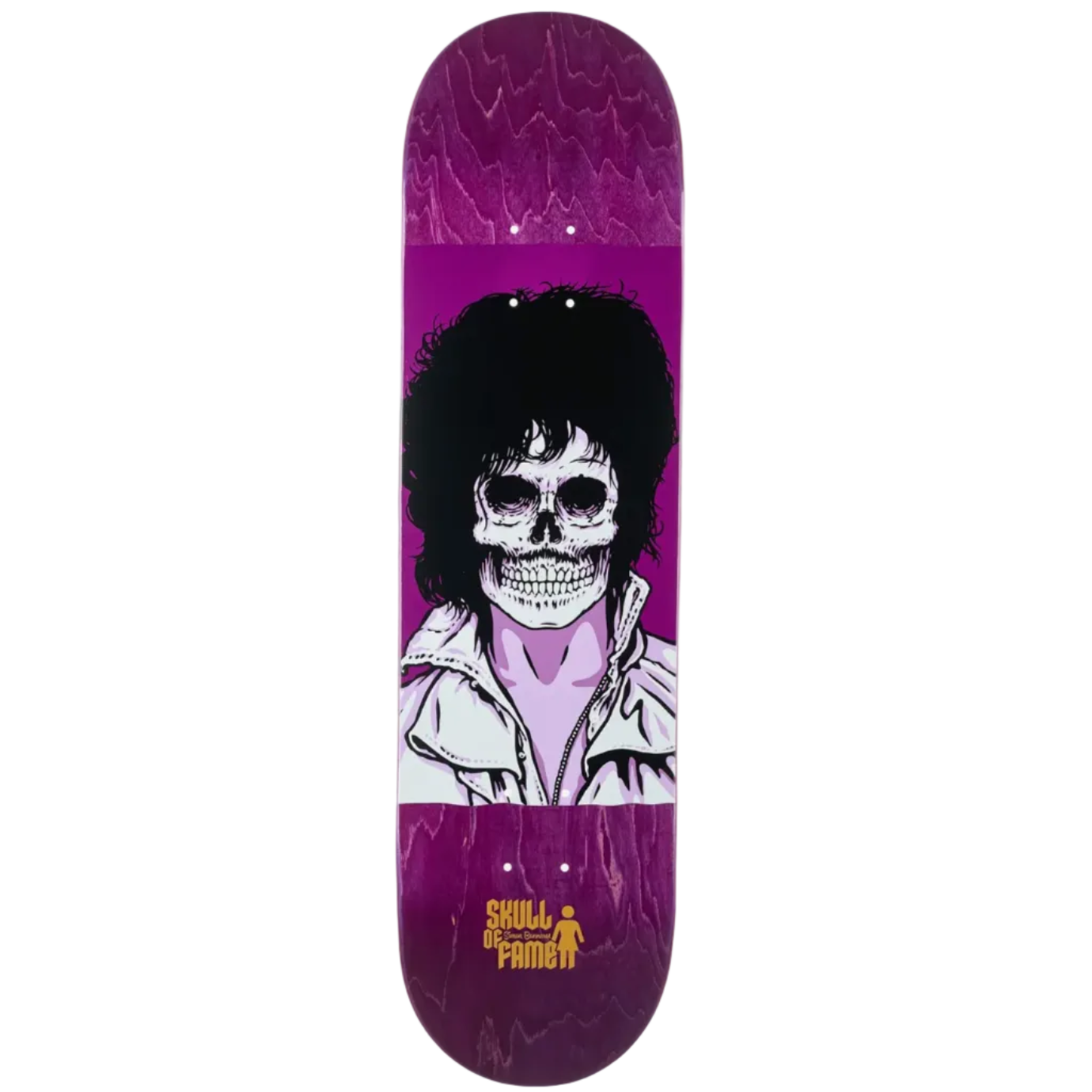 A skateboard deck featuring a purple and magenta wood-grain finish with a graphic of a skull in an afro wearing a white jacket on the underside. The yellow 'Skull of Fame' logo is printed near the nose.