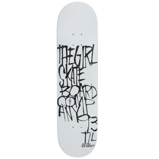 White skateboard with girl skateboard company graphic in black on a white background