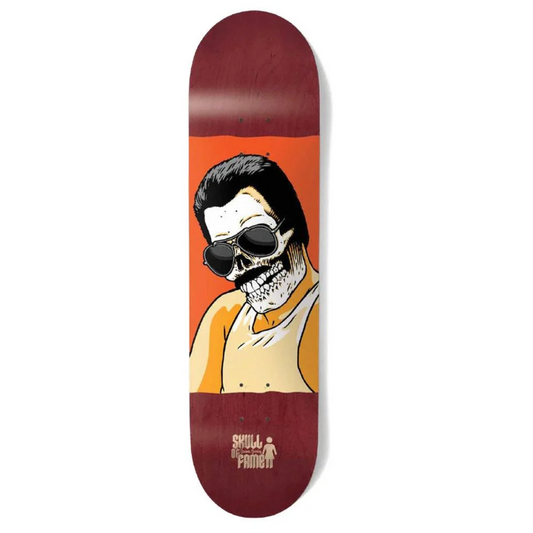 A skateboard deck featuring a graphic illustration of a skull wearing sunglasses, set against a bright orange background with dark red borders at the top and bottom. The words 'SKULL of FAME' are printed in white near the bottom edge.