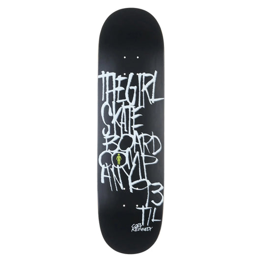 Black skateboard deck with white text and a green logo on a white background