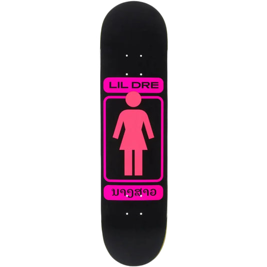 A black skateboard deck featuring a bold pink graphic with the text 'LIL DRE' and a pink female silhouette icon, set against a plain white background.