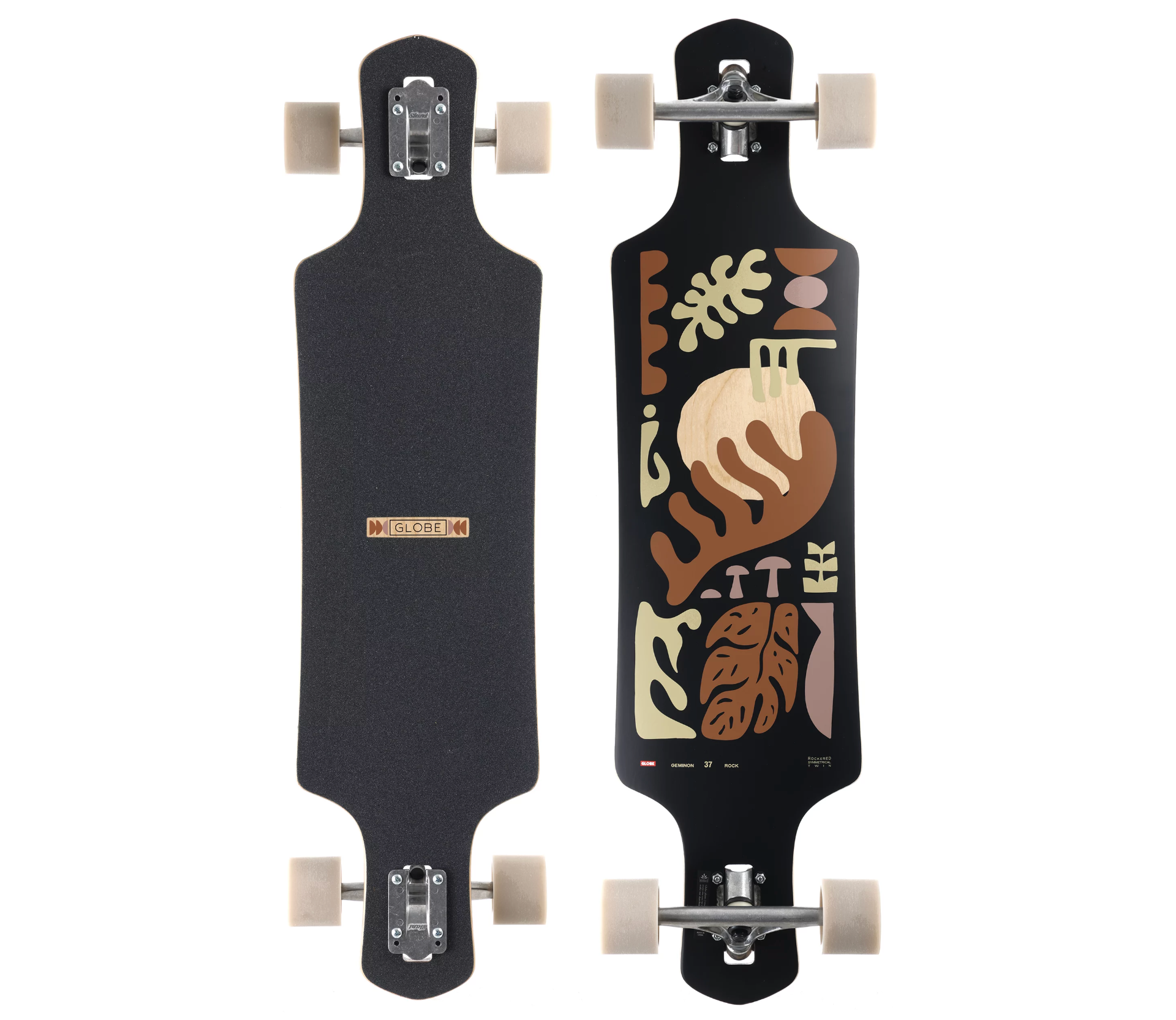 Top and bottom view of longboard, on a white background.
