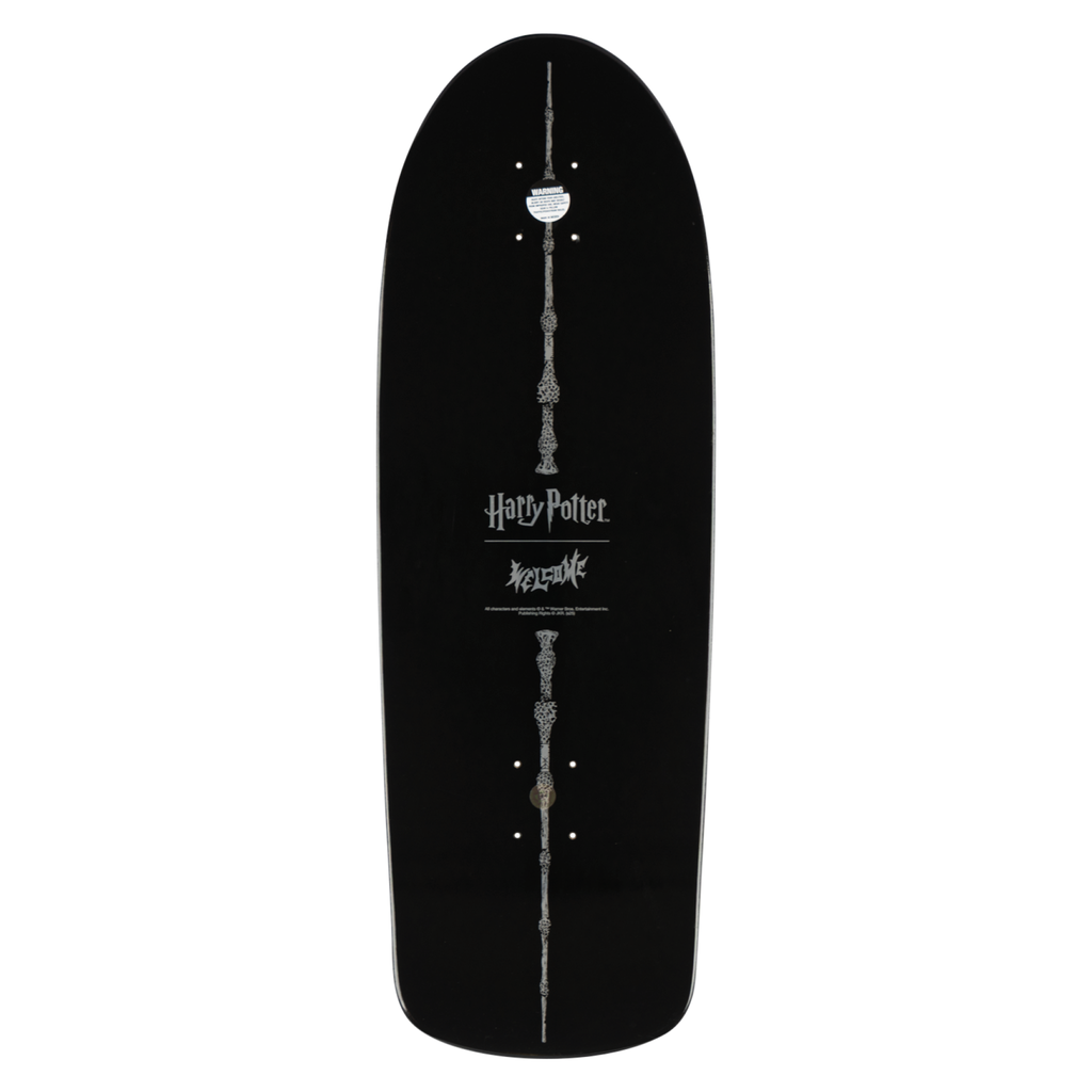 Black skateboard deck with 'Harry Potter' and 'Naruto' logos on a white background