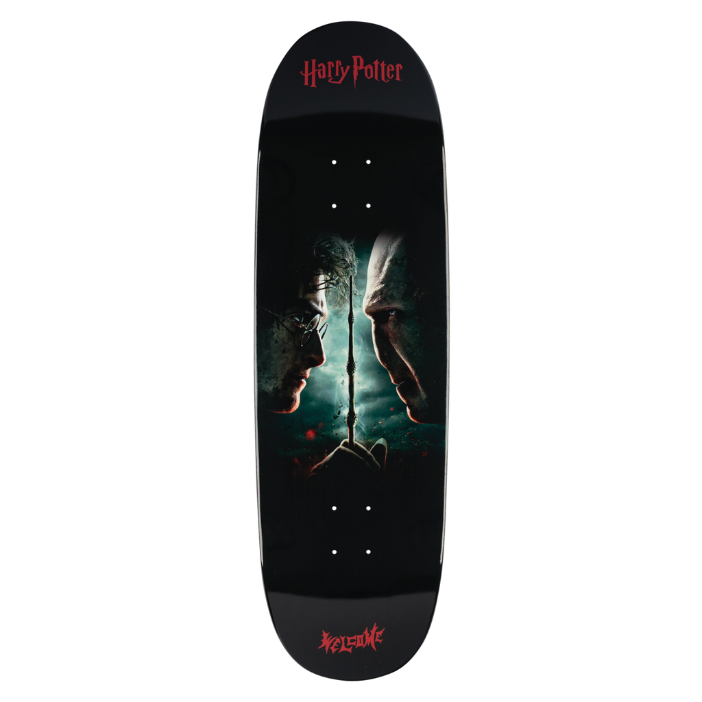 Skateboard deck with a dark design featuring a character holding a sword, on a white background.