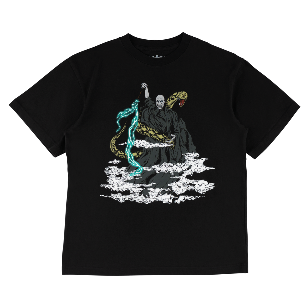 Black t-shirt with graphic design of a person on a cloud with a snake and lightning effects.