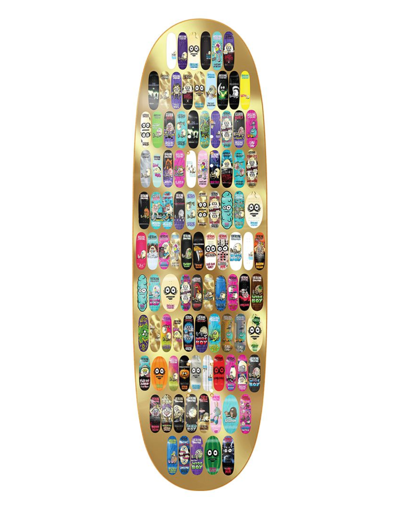 Skateboard deck with a gold background and various small skateboard decks arranged in a pattern.