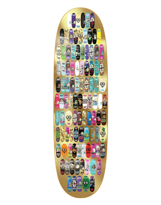 Skateboard deck with a gold background and various small skateboard decks arranged in a pattern.