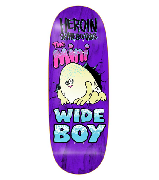 Purple skateboard deck with cartoon character and text on a white background