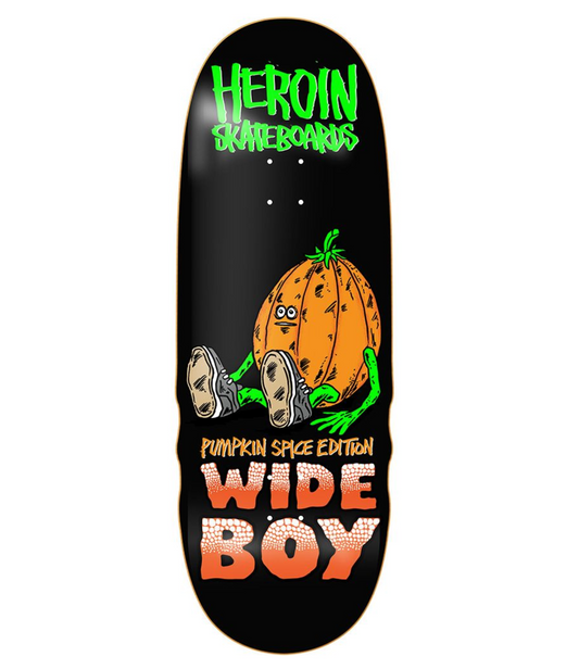 Skateboard deck with pumpkin and frog design, labeled 'Heroin Skateboards Pumpkin Spice Edition Wide Boy'.