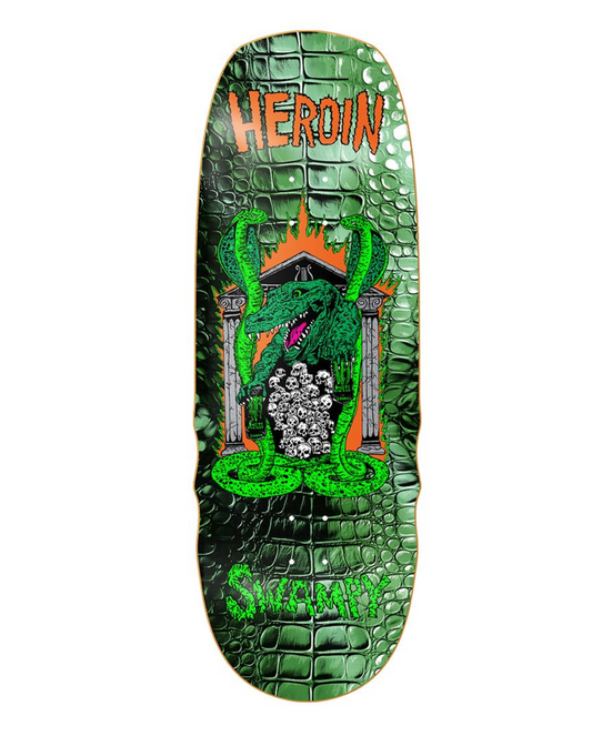 Skateboard deck with green crocodile texture, green snake, and 'Heroin' text on a white background