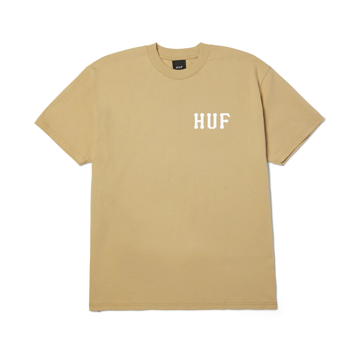 A tan short-sleeve crewneck t-shirt with 'HUF' printed in white block letters on the left chest, displayed flat against a solid white background.