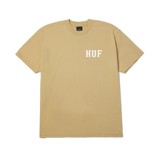 A tan short-sleeve crewneck t-shirt with 'HUF' printed in white block letters on the left chest, displayed flat against a solid white background.