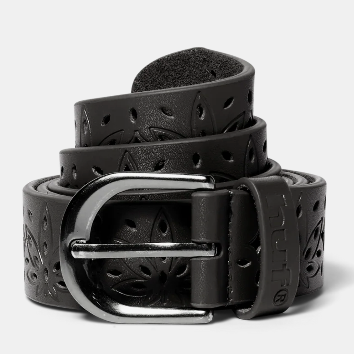 Black leather belt with silver buckle on a light gray background